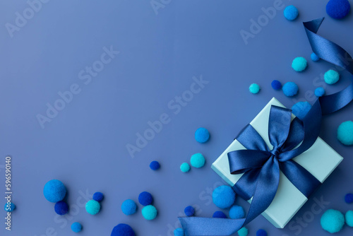 青いリボンと箱のプレゼントのイメージ、トップビュー