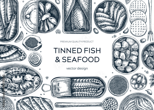 Tinned fish frame design. Seafood background with hand-drawn sardines  anchovy  mackerel  tuna  mussels in tin cans  fish canapes  olives  lemons drawings. Finger food party banner. Tinned fish sketch