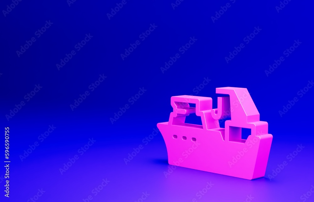 Pink Fishing boat icon isolated on blue background. Fishing trawler. Minimalism concept. 3D render illustration Pink Fishing boat icon isolated on blue background. Fishing trawler. Minimalism concept. 3D render illustration