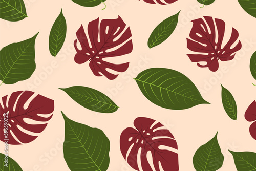 Beautiful exotic floral seamless pattern with purple-brown monstera deliciosa leaves on light brown background.