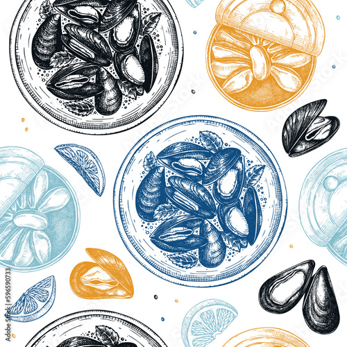 Hand drawn cooked mussels on platter with herbs seamless pattern. Vector package, banner, wrapping paper template with colorful seafood elements. Realistic shellfish background with tinned mussels..