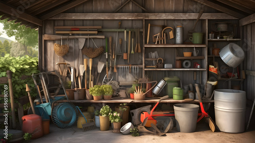 A well-organized tool shed with various gardening equipme two Generative AI photo