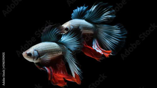 8k, realistic photo, high detailed, macro view, beautiful betta fish with pink white blue orange red gold green colours, underwater photography isolated on black background. Generative ai   © Assyifa Sisters