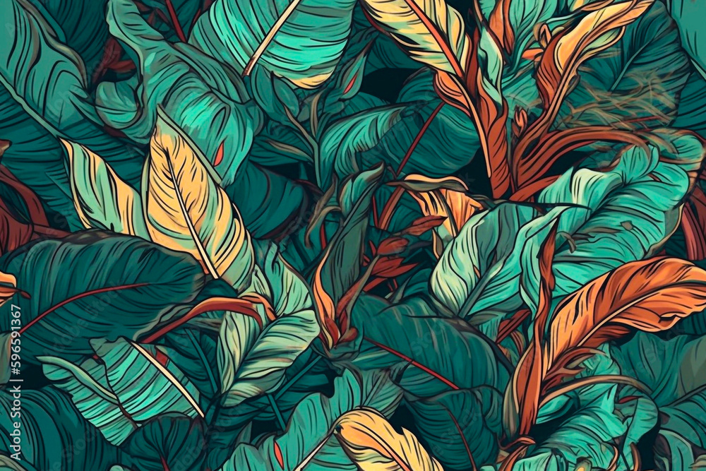 custom made wallpaper toronto digitalHand-drawn tropical leaf tileable pattern. Foliar illustration. AI Generated