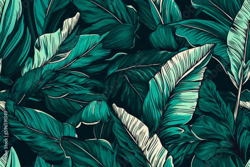 Hand-drawn tropical leaf seamless pattern with summer vibes. Floral illustration for creative artwork. Generative AI