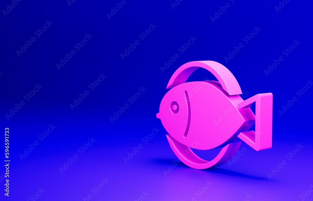 Pink Fish icon isolated on blue background. Minimalism concept. 3D render illustration Pink Fish icon isolated on blue background. Minimalism concept. 3D render illustration