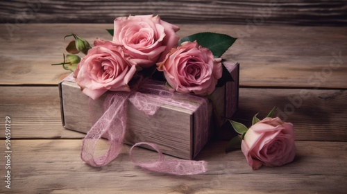 greeting card with gift box and bouquet of roses  generative ai