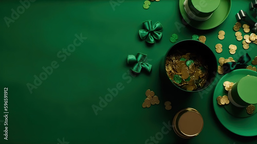 Saint Patrick's Day concept. Top view photo of leprechaun cap present boxes pot with gold coins bow with Copy space - Generative AI