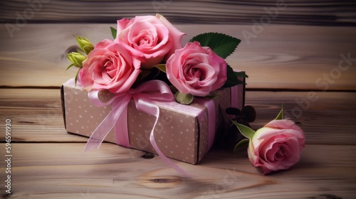 greeting card with gift box and bouquet of roses, generative ai