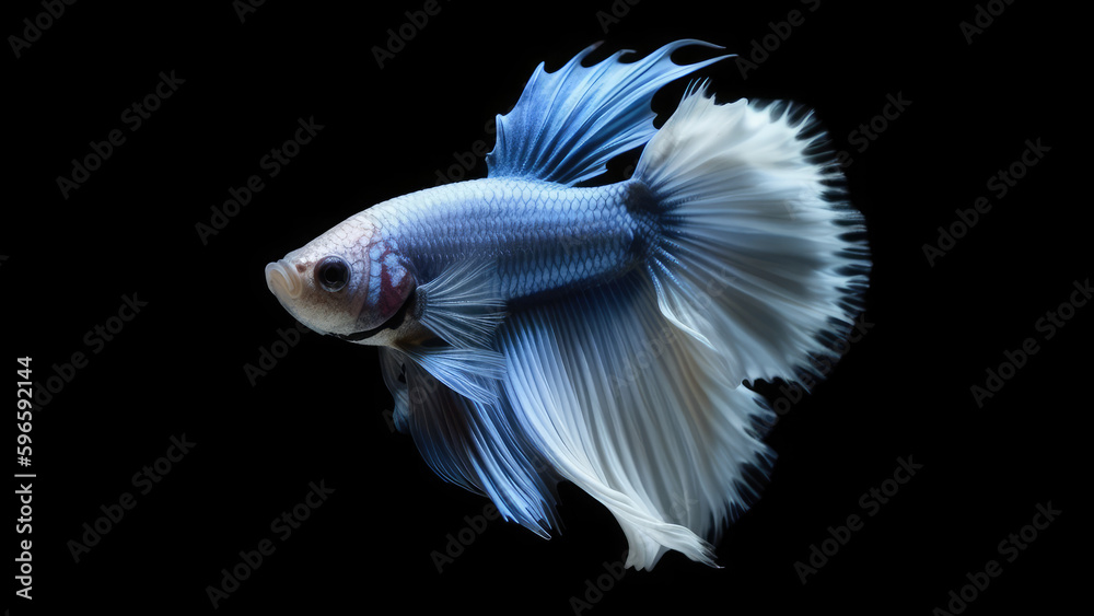 Fototapeta premium 8k, realistic photo, high detailed, macro view, beautiful betta fish with pink white blue orange red gold green colours, underwater photography isolated on black background. Generative ai 