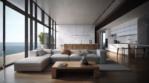 Sea View Living Room Background. Contemporary Interior Design. Generative AI.