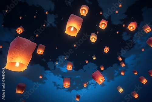 Chinese lanterns illuminating the night sky, Generative AI