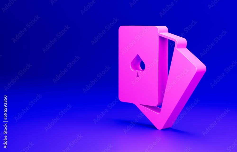 Pink Deck of playing cards icon isolated on blue background. Casino gambling. Minimalism concept. 3D render illustration Pink Deck of playing cards icon isolated on blue background. Casino gambling. Minimalism concept. 3D render illustration
