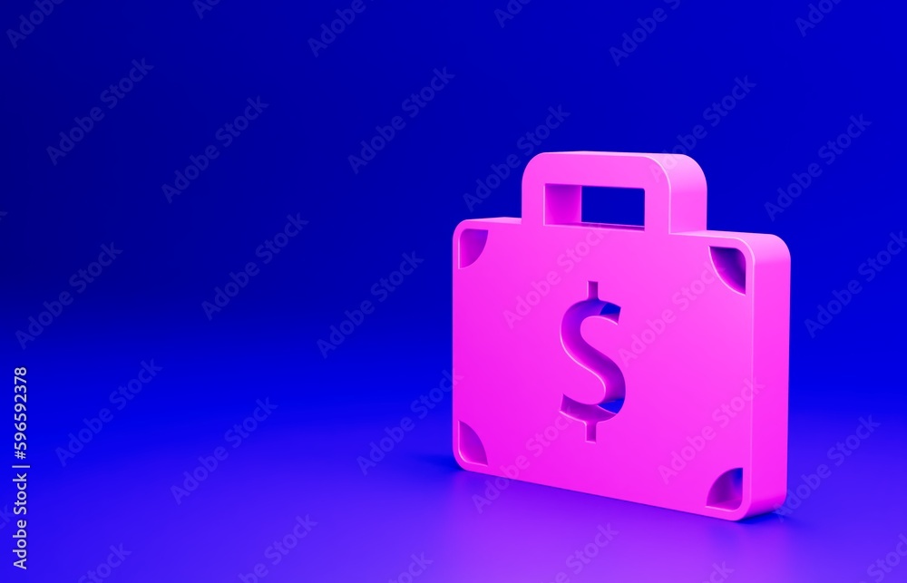 Pink Briefcase and money icon isolated on blue background. Business case sign. Business portfolio. Minimalism concept. 3D render illustration Pink Briefcase and money icon isolated on blue background. Business case sign. Business portfolio. Minimalism concept. 3D render illustration