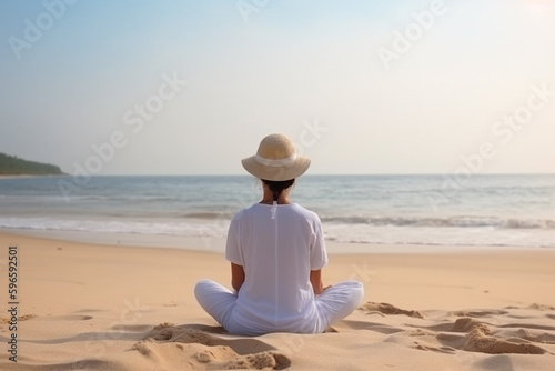 Meditating woman on the beach. Created with generative Ai technology.