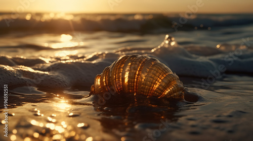 Tyndall effect light rays through the large Nautilus shell, laying on the beach in the waves of the ocean, golden hour - Generative AI photo