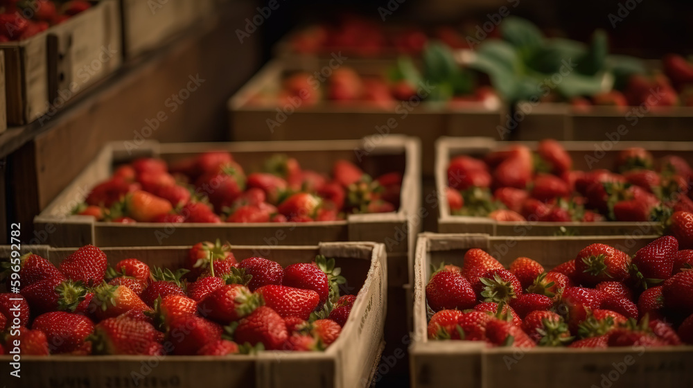 Lots of baskets with fresh strawberries for sale at farmers market closeup - Generative AI