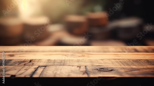 Wooden tabletop with a blurred background for display or montage - Generative AI
