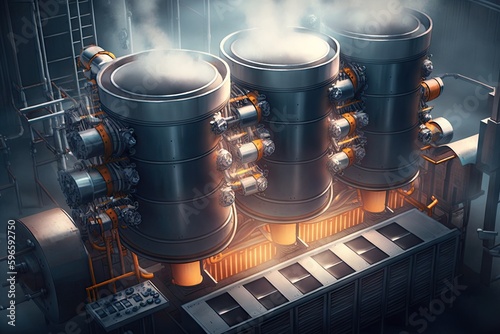 large evaporator system, with multiple taps and tubes dripping sap into buckets below, created with generative ai