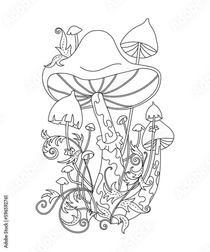 magic mushrooms and plants of different sizes, coloring for adults