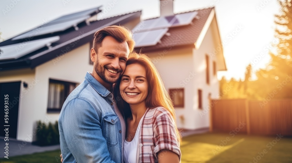 Fototapeta premium A happy couple stands smiling in the driveway of a large house with solar panels installed. Generative AI