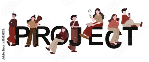Project template vector illustration with team. Men and Women character teamwork on project word. Workgroup concept on white background. Use for header, banner, website. Idea of business campaign.
