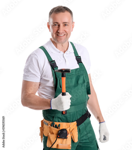 Mature carpenter with hammer on white background
