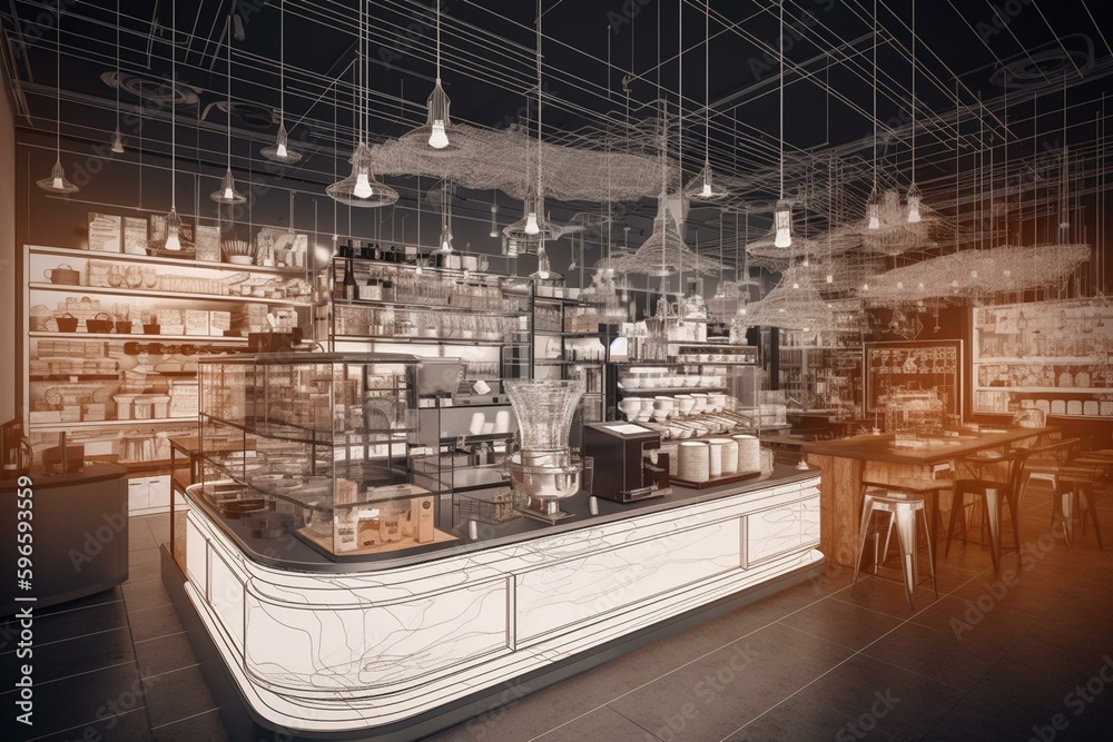 3D wireframe render of coffee shop design. Generative AI