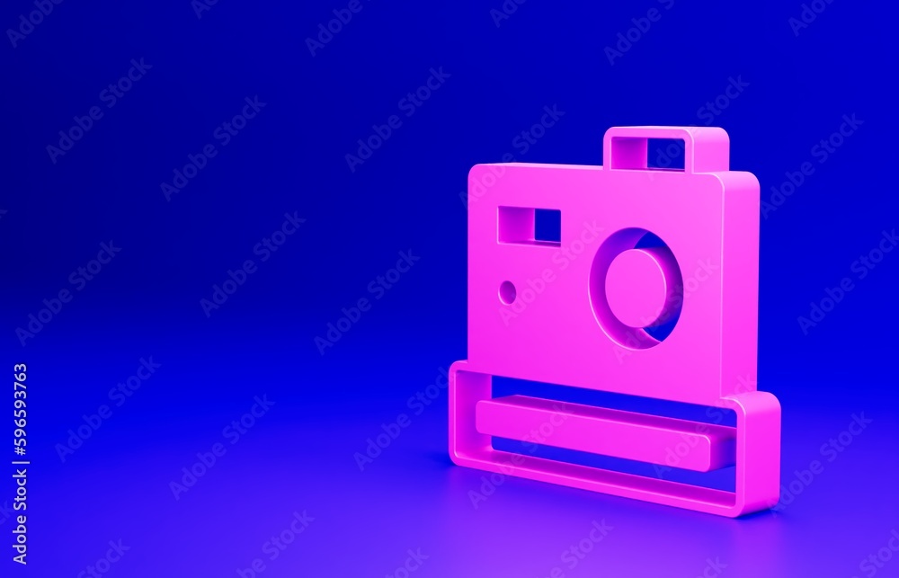 Pink Photo camera icon isolated on blue background. Foto camera. Digital photography. Minimalism concept. 3D render illustration Pink Photo camera icon isolated on blue background. Foto camera. Digital photography. Minimalism concept. 3D render illustration