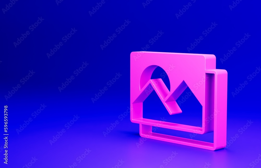 Pink Photo frame icon isolated on blue background. Vintage empty photos frame. Minimalism concept. 3D render illustration Pink Photo frame icon isolated on blue background. Vintage empty photos frame. Minimalism concept. 3D render illustration
