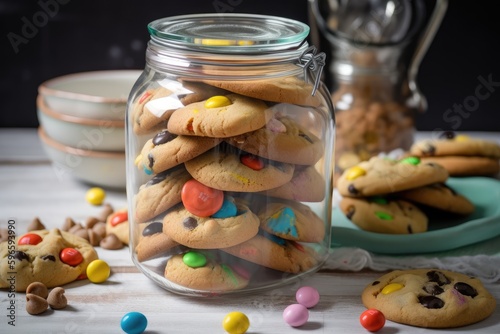 Fototapeta gluten-free and vegan cookie jar overflowing with colorful cookies, created with