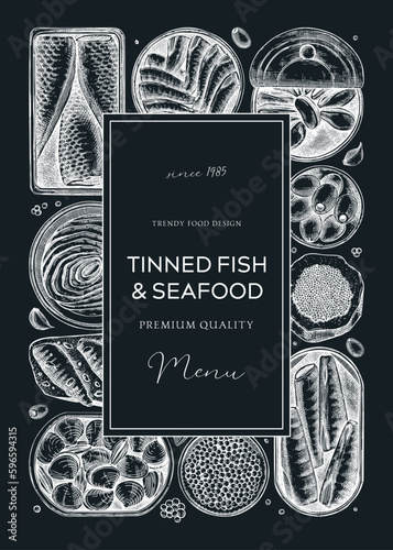 Canned fish frame design on chalkboard. Seafood background with hand-drawn sardines, anchovy, mackerel, tuna, mussels in tin can, fish canape drawings. Healthy food flyer or banner. Tinned fish sketch