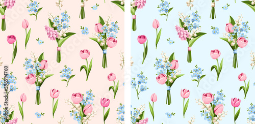 Seamless floral patterns with spring flowers (tulip, hyacinth, forget-me-not, and lily of the valley flowers) on pink and blue backgrounds. Set of vector floral prints