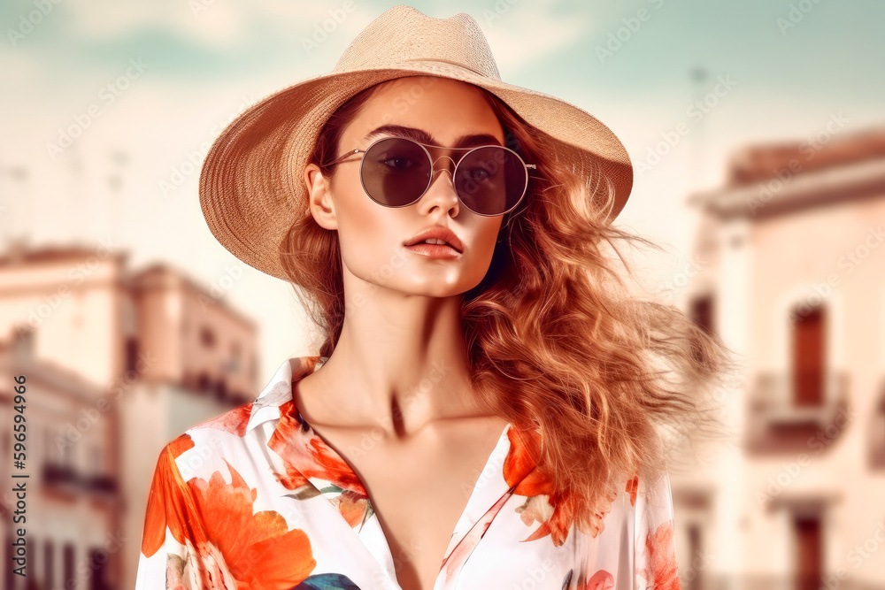 Beautiful Woman portrait,  boho redhaired model , fashion style, summer hat and sunglasses,   Italy city location. Ai generative
