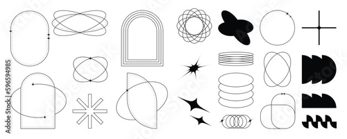Set of geometric shapes in trendy 90s style. Black trendy design with frame, sparkles, circle, lines. Y2k aesthetic element illustrated for banners, social media, poster design, sticker.