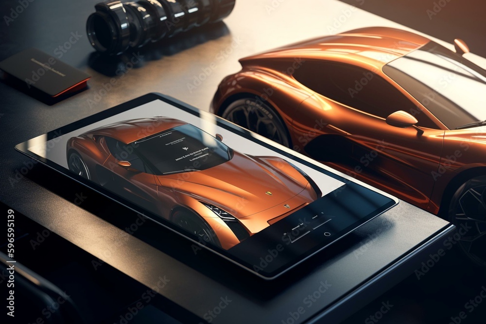 Tablet showcasing automotive design details. Enhancing detailing and visualization. Generative AI