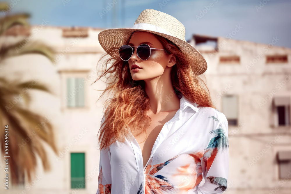 Beautiful Woman portrait,  boho redhaired model , fashion style, summer hat,   Italy city location. Ai generative