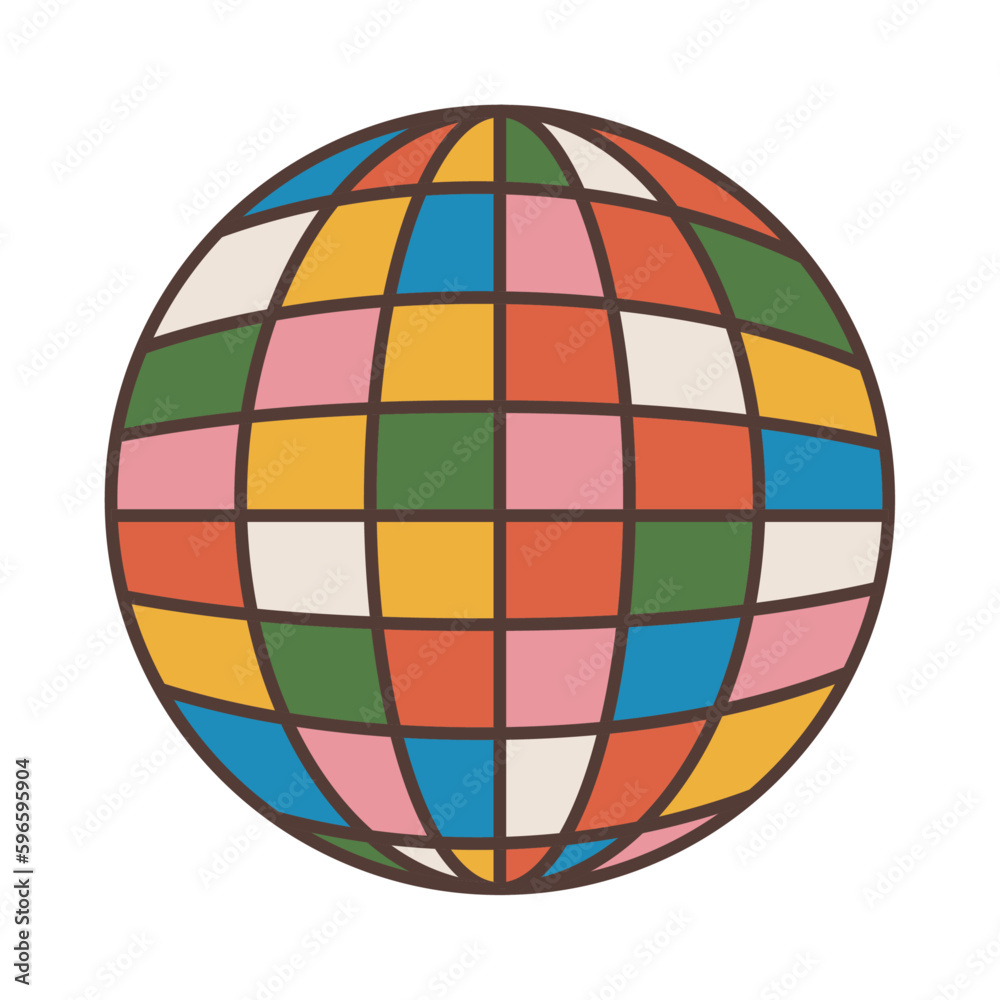 Vector illustration of a disco ball in the groovy style. Isolated white background. Flat retro style Vector illustration of a disco ball in the groovy style. Isolated white background. Flat retro style