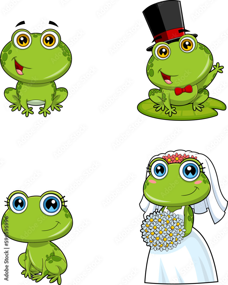 Cute Frogs Cartoon Characters Newlyweds. Vector Hand Drawn Collection