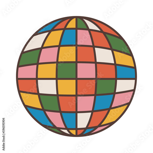 Vector illustration of a disco ball in the groovy style. Isolated white background. Flat retro style