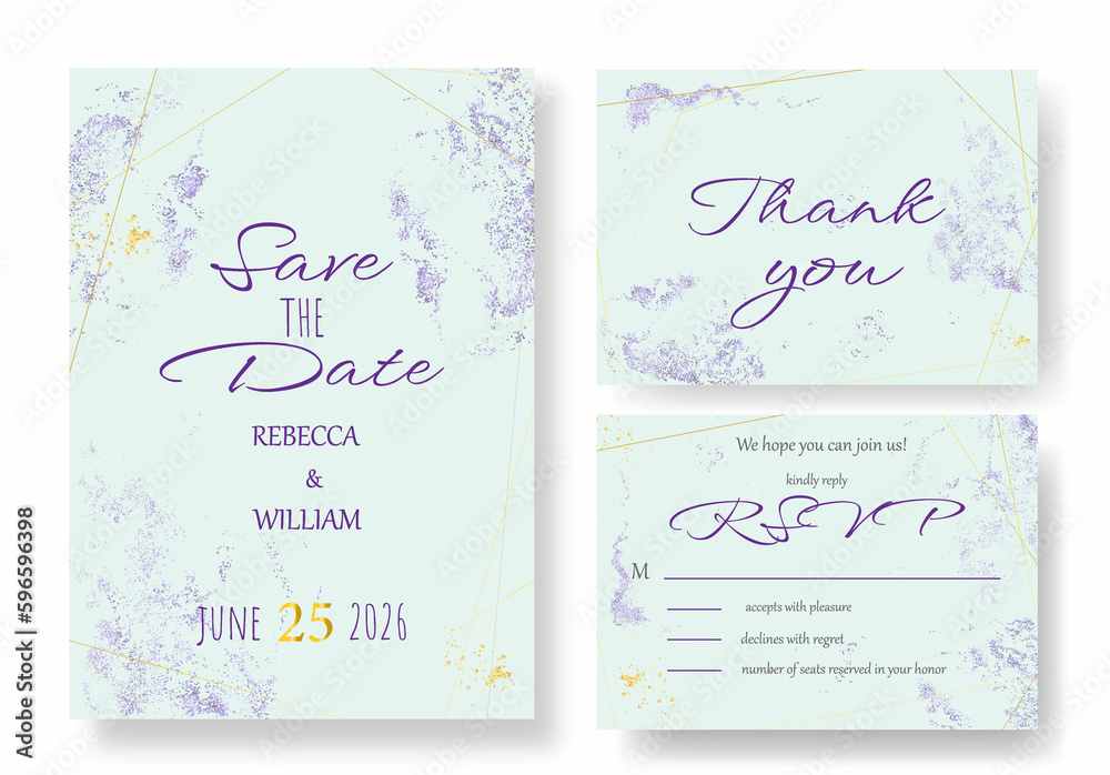 Minimalist Wedding Invitation Set with Save the Date, RSVP, Thank You Card. Golden line on pastel turquoise. Modern style. Vector EPS.