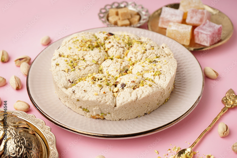 custom made wallpaper toronto digitalPlate of tasty Tahini halva with pistachios on pink background