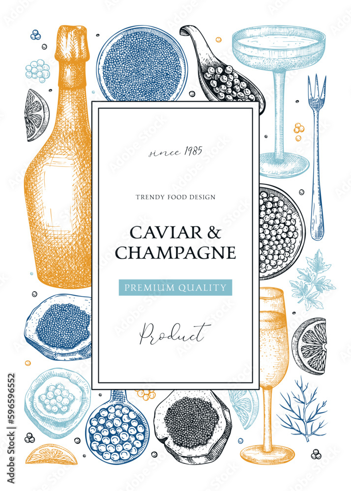 Caviar and champagne frame design in color. Hand drawn red caviar ...