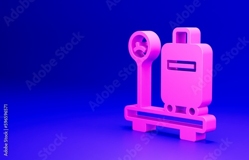 Pink Scale with suitcase icon isolated on blue background. Logistic and delivery. Weight of delivery package on a scale. Minimalism concept. 3D render illustration