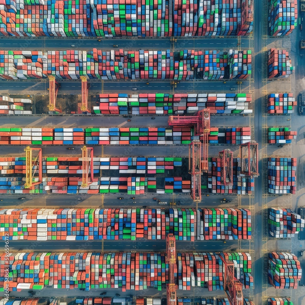 Aerial view of an industrial crane cargo freight container ship transporting containers for import and export, business logistics and transportation by container ship in open sea. generative ai Aerial view of an industrial crane cargo freight container ship transporting containers for import and export, business logistics and transportation by container ship in open sea. generative ai