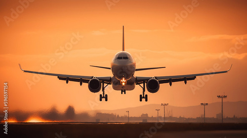 Airplane landing in the airport in the sunset