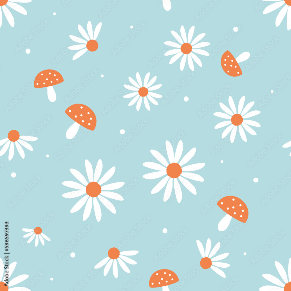 Obraz premium Seamless pattern with daisy flowers and mushroom on blue background vector.
