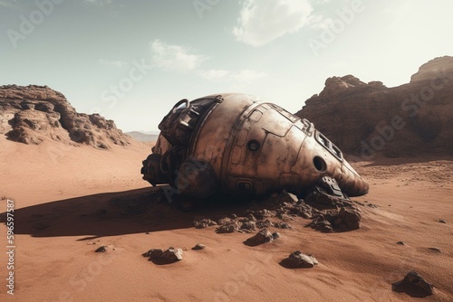 Spaceship on realistic Mars terrain. Generative AI