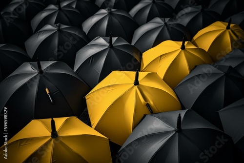 Yellow umbrella stands out among black ones, symbolizing uniqueness in society. Generative AI