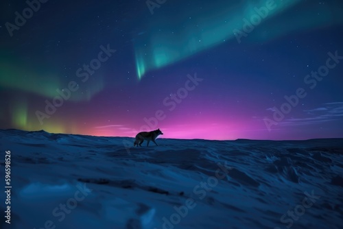 Frozen tundra at night, featuring a dancing aurora borealis illuminating the sky and a wolf howling in the distance. Generative AI